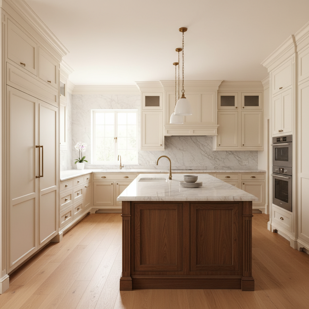 Bright upscale kitchen with integrated refrigerator