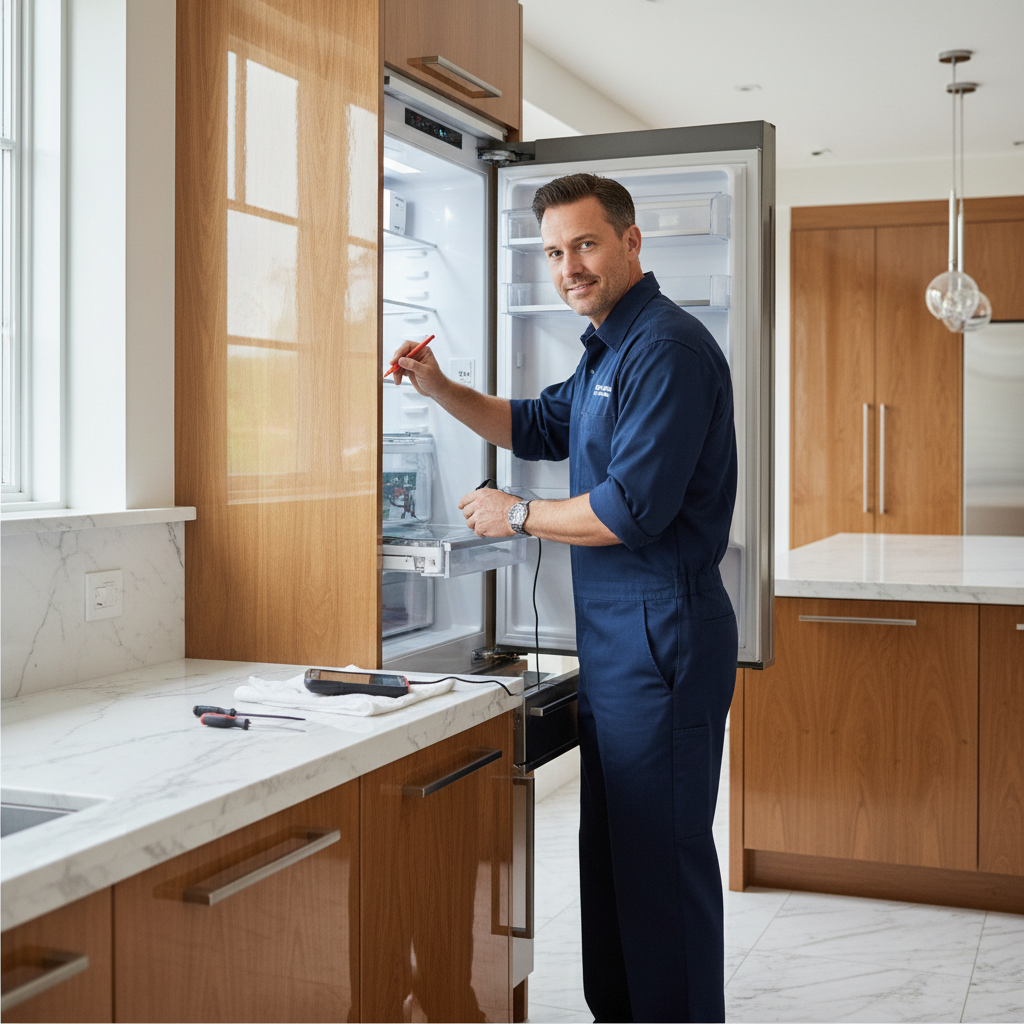 Technician inspecting a built-in refrigerator